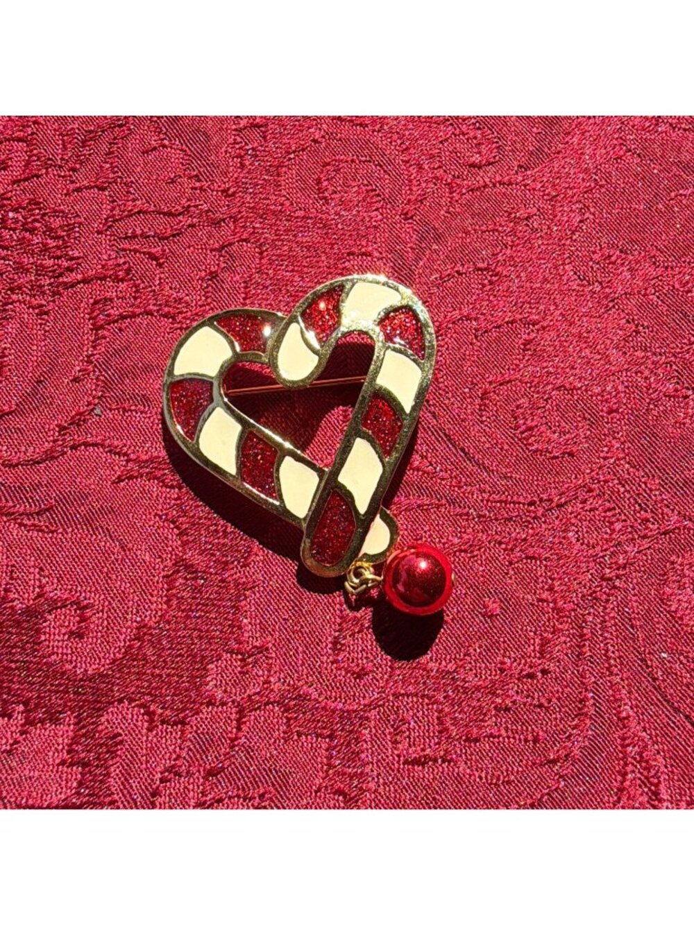 Vintage Christmas Candy Cane Heart Brooch Red White Enamel Dangle Bell Pin 2.25"